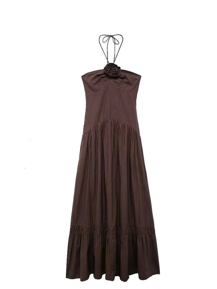 Maxi Dresses- Halter Neck Ruffle Maxi Dress for Outdoor Gatherings- - IndioGear.com