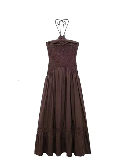 Maxi Dresses- Halter Neck Ruffle Maxi Dress for Outdoor Gatherings- - IndioGear.com