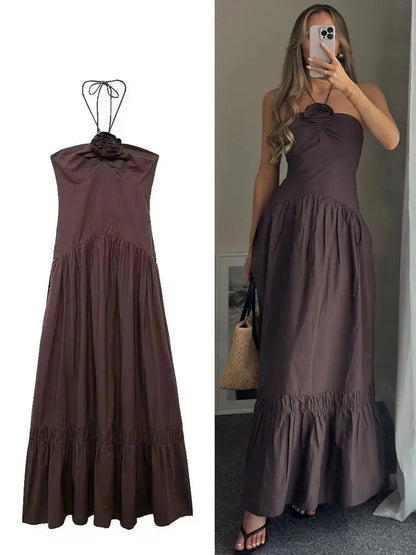 Maxi Dresses- Halter Neck Ruffle Maxi Dress for Outdoor Gatherings- - IndioGear.com