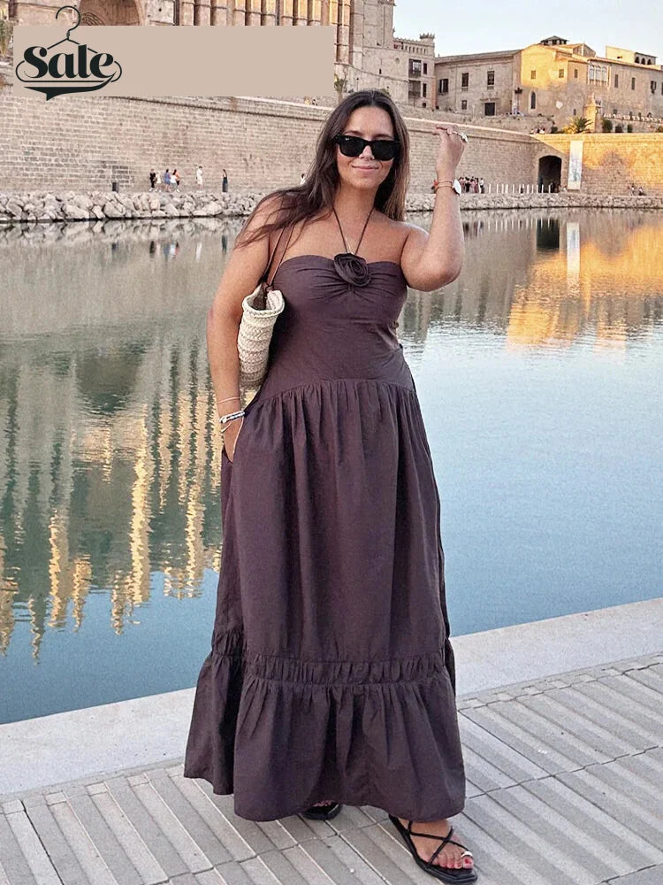 Maxi Dresses- Halter Neck Ruffle Maxi Dress for Outdoor Gatherings- - IndioGear.com