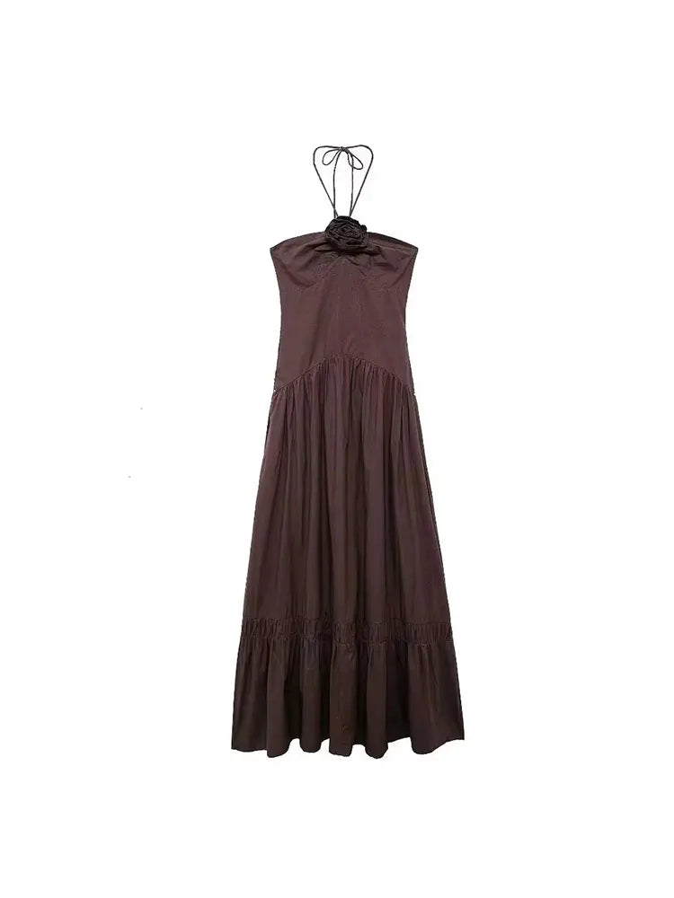 Maxi Dresses- Halter Neck Ruffle Maxi Dress for Outdoor Gatherings- Brown- IndioGear.com