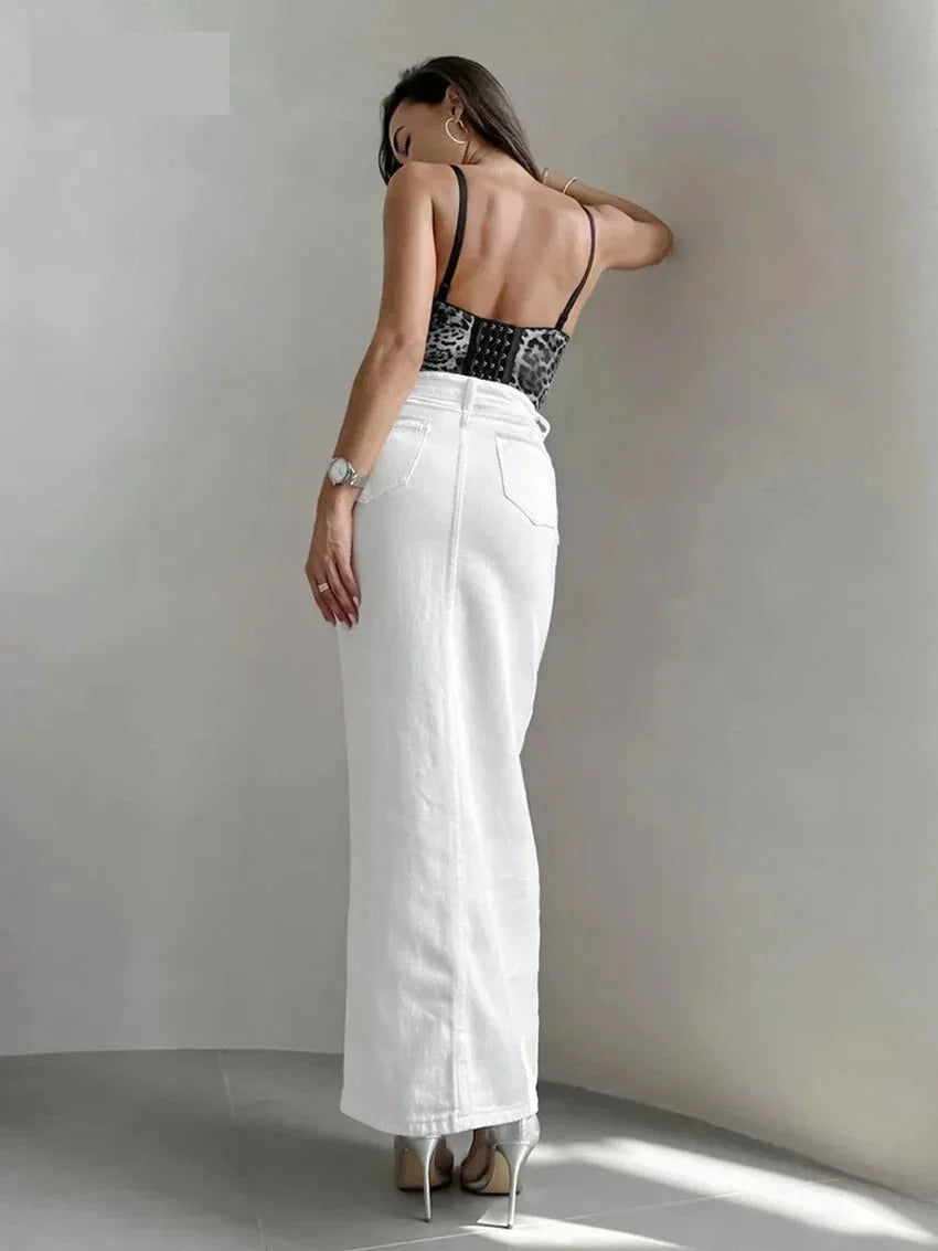 Maxi Dresses- High-Waist Button-Up Midi-Maxi Skirt in Cotton- - IndioGear.com