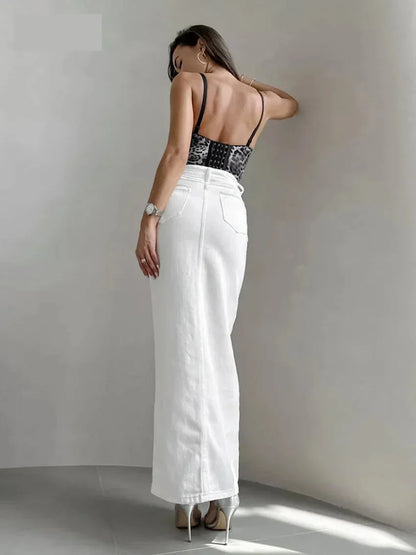 Maxi Dresses- High-Waist Button-Up Midi-Maxi Skirt in Cotton- - IndioGear.com