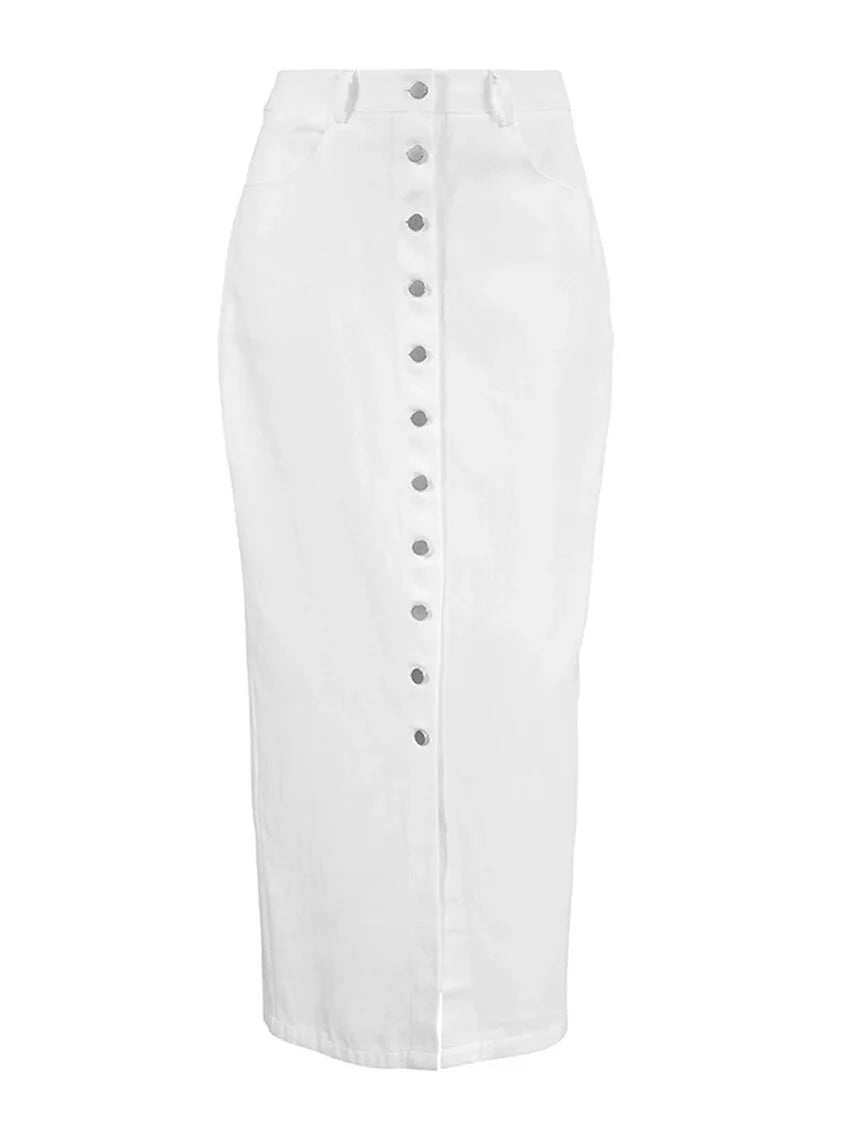 Maxi Dresses- High-Waist Button-Up Midi-Maxi Skirt in Cotton- - IndioGear.com