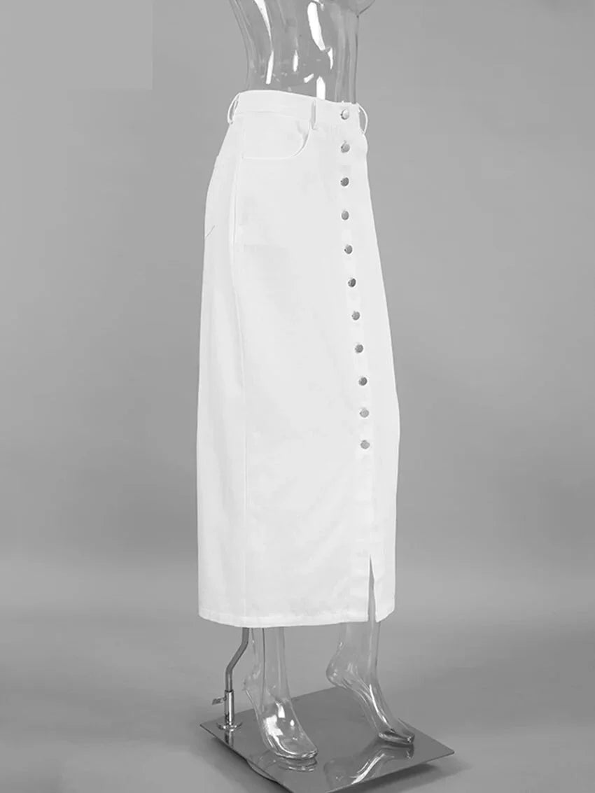 Maxi Dresses- High-Waist Button-Up Midi-Maxi Skirt in Cotton- - IndioGear.com