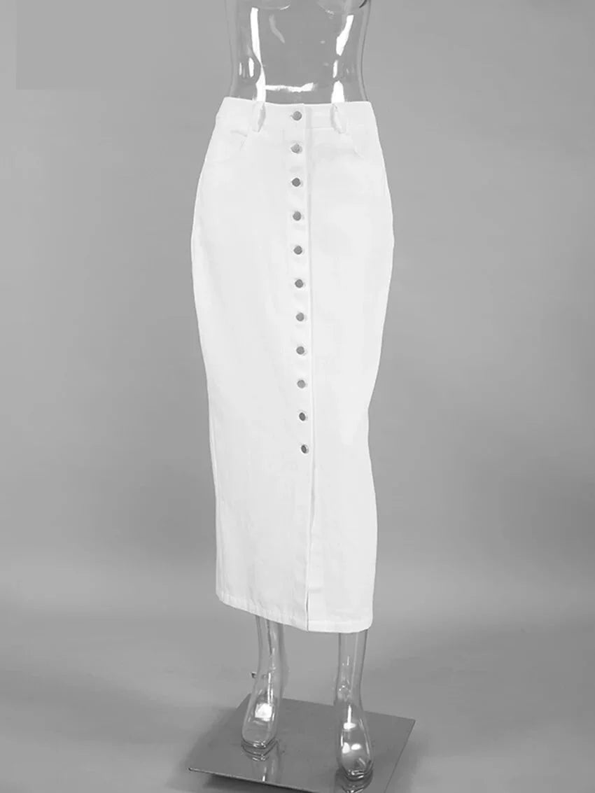 Maxi Dresses- High-Waist Button-Up Midi-Maxi Skirt in Cotton- - IndioGear.com