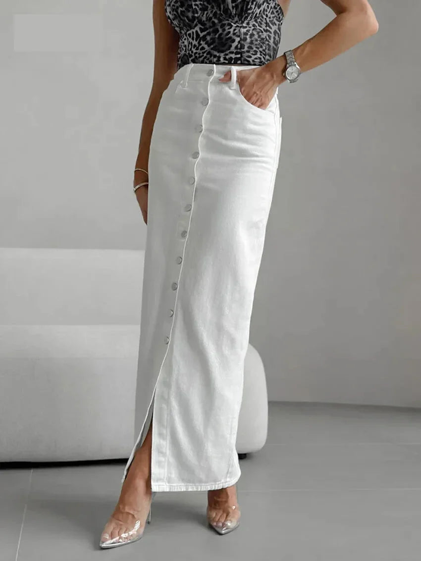 Maxi Dresses- High-Waist Button-Up Midi-Maxi Skirt in Cotton- - IndioGear.com