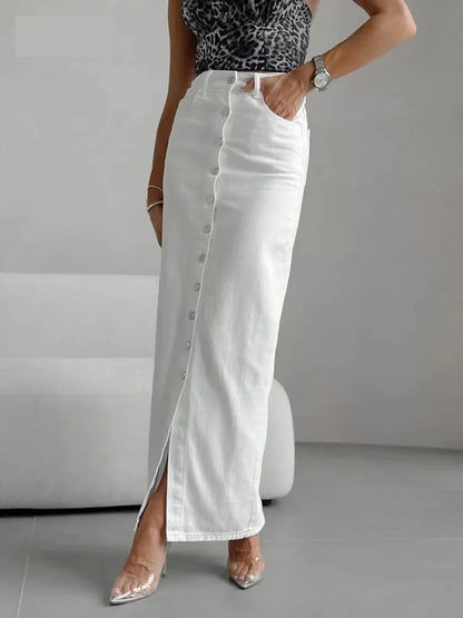 Maxi Dresses- High-Waist Button-Up Midi-Maxi Skirt in Cotton- - IndioGear.com