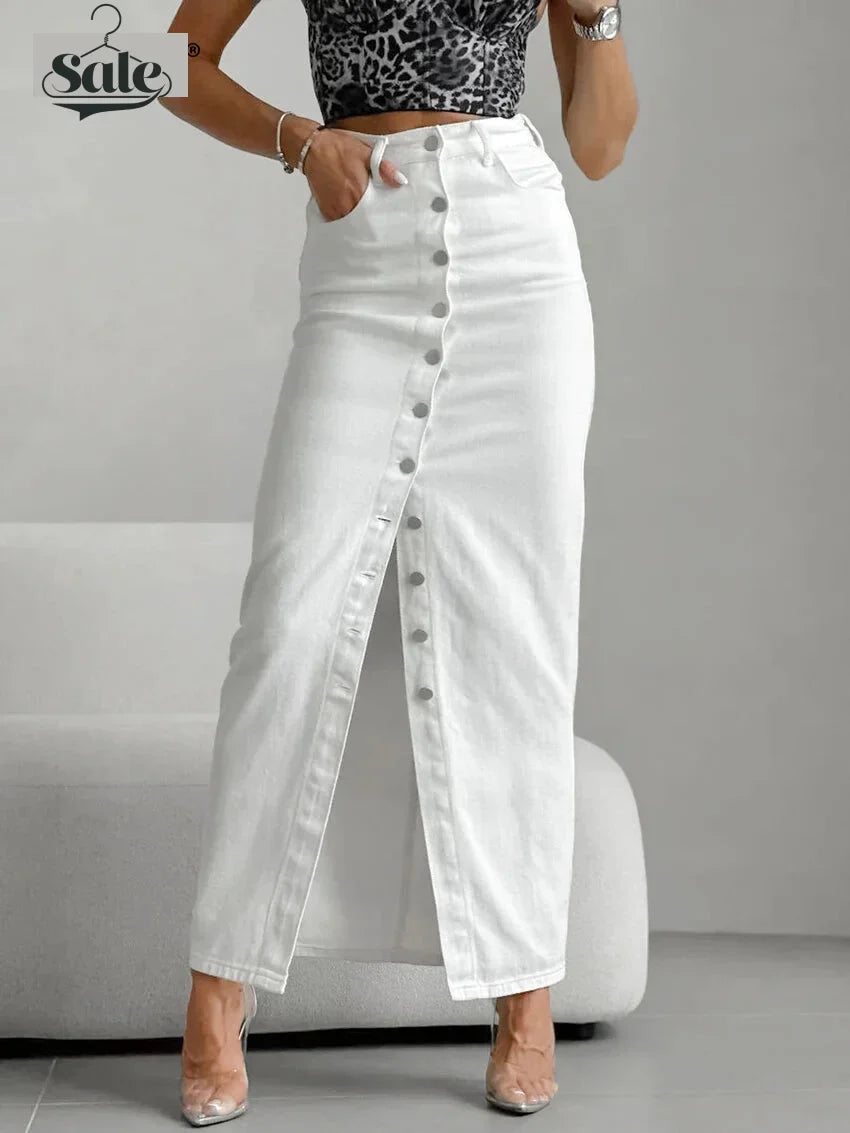 Maxi Dresses- High-Waist Button-Up Midi-Maxi Skirt in Cotton- - IndioGear.com