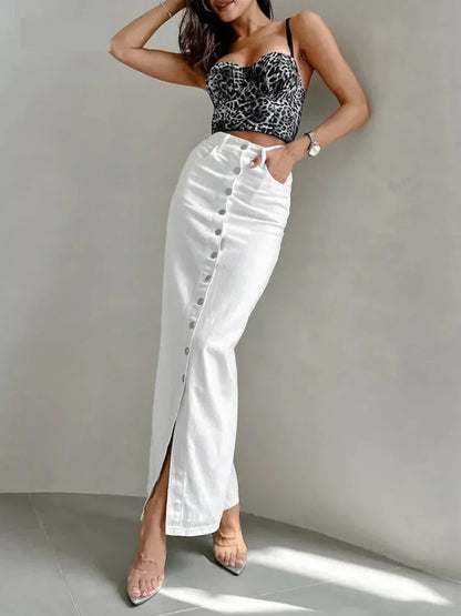 Maxi Dresses- High-Waist Button-Up Midi-Maxi Skirt in Cotton- White- IndioGear.com