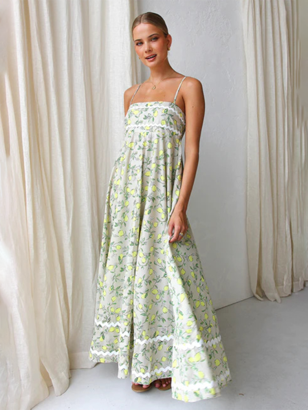 Maxi Dresses- Lemon Print Cami Maxi Dress- - IndioGear.com