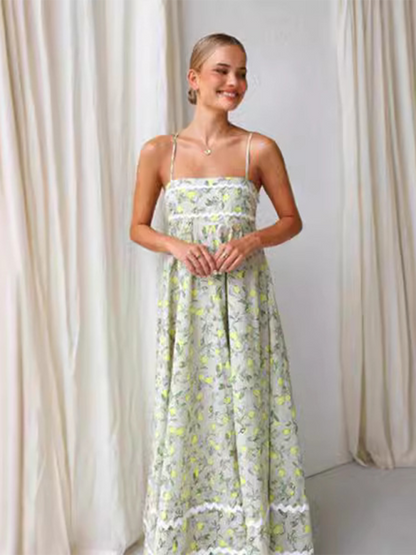 Maxi Dresses- Lemon Print Cami Maxi Dress- Green- IndioGear.com