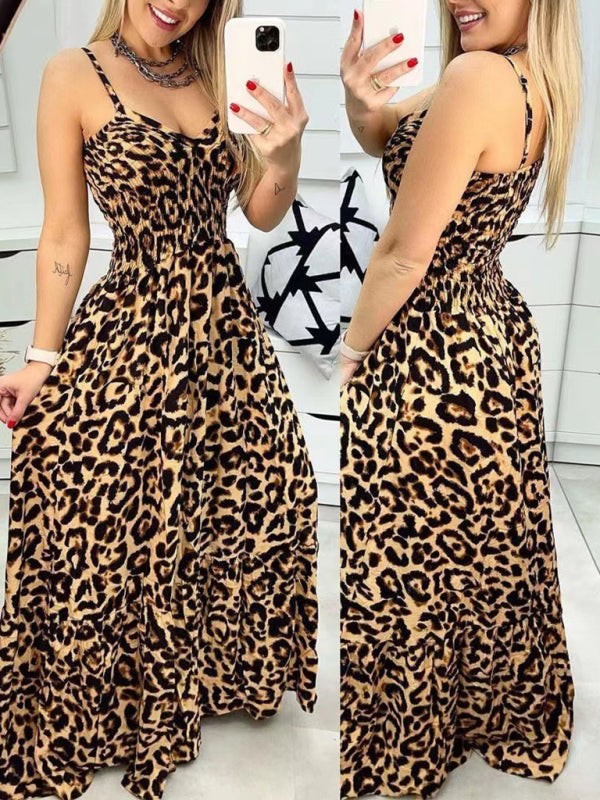 Maxi Dresses- Leopard Smocked Bodice Sundress – Ultimate Summer Wear- - IndioGear