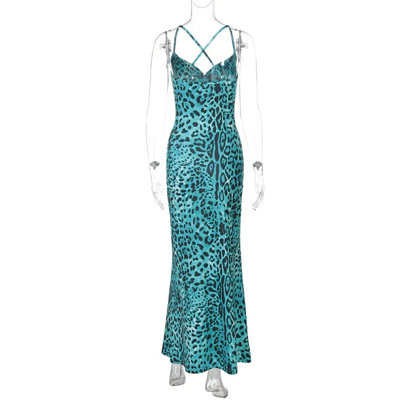 Maxi Dresses- Turquoise Leopard Print Dress - Nighttime Glamour- - IndioGear