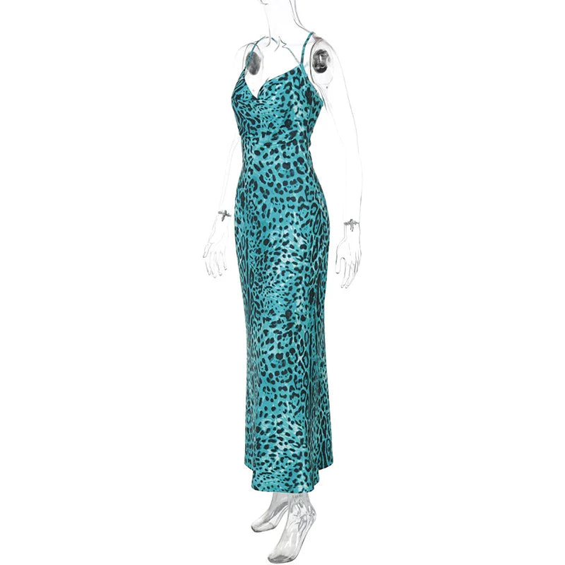 Maxi Dresses- Turquoise Leopard Print Dress - Nighttime Glamour- - IndioGear