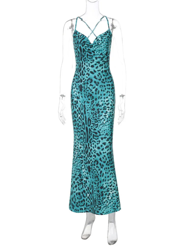 Maxi Dresses- Turquoise Leopard Print Dress - Nighttime Glamour- - IndioGear