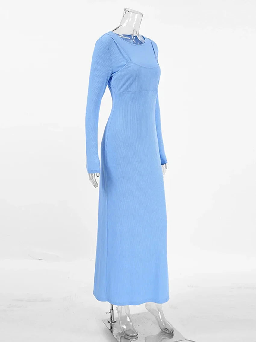 Maxi Dresses- Long Sleeve Ribbed Maxi Dress- - IndioGear.com