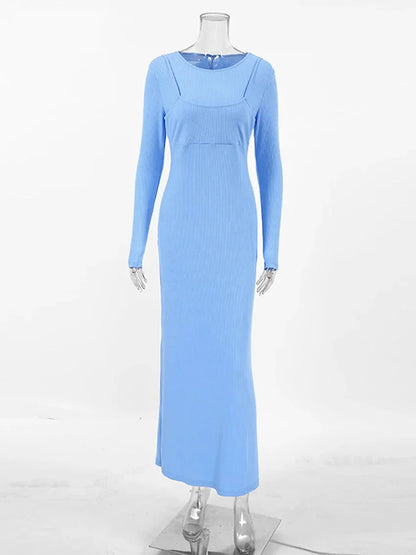 Maxi Dresses- Long Sleeve Ribbed Maxi Dress- - IndioGear.com