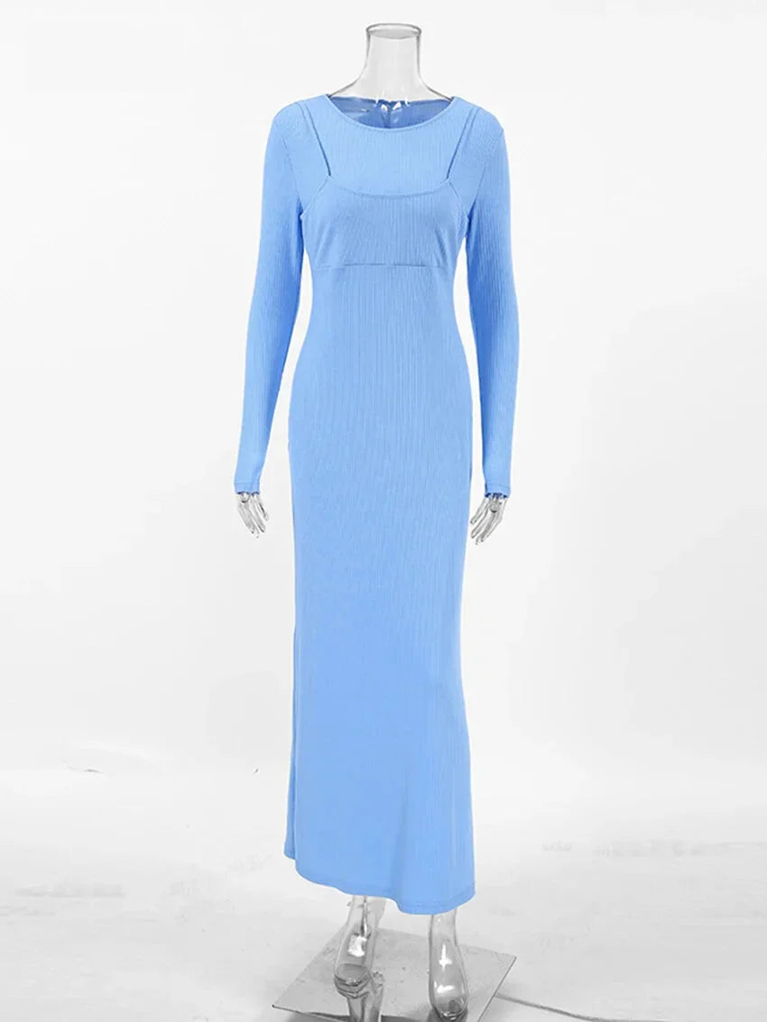 Maxi Dresses- Long Sleeve Ribbed Maxi Dress- - IndioGear.com