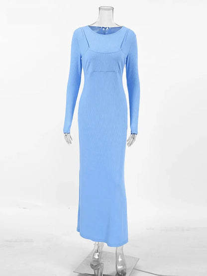 Maxi Dresses- Long Sleeve Ribbed Maxi Dress- - IndioGear.com