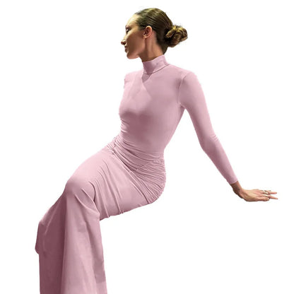 Maxi Dresses- Long Sleeve Ruched High Waist Formal Maxi Dress- - IndioGear Women Clothing