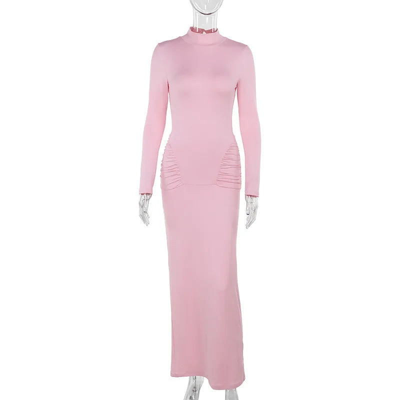 Maxi Dresses- Long Sleeve Ruched High Waist Formal Maxi Dress- Pink- IndioGear Women Clothing