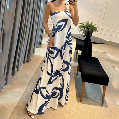 Maxi Dresses- One-Shoulder Drape Maxi Dress- Blue- IndioGear.com