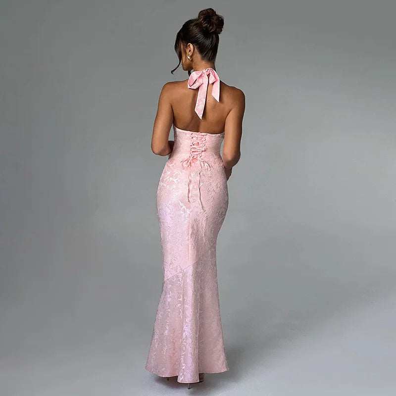 Maxi Dresses- Plunge Mermaid Jacquard Evening Gown- - IndioGear.com