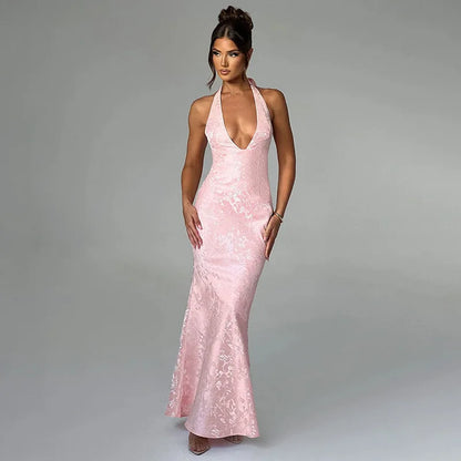 Maxi Dresses- Plunge Mermaid Jacquard Evening Gown- - IndioGear.com