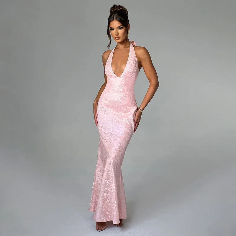 Maxi Dresses- Plunge Mermaid Jacquard Evening Gown- - IndioGear.com