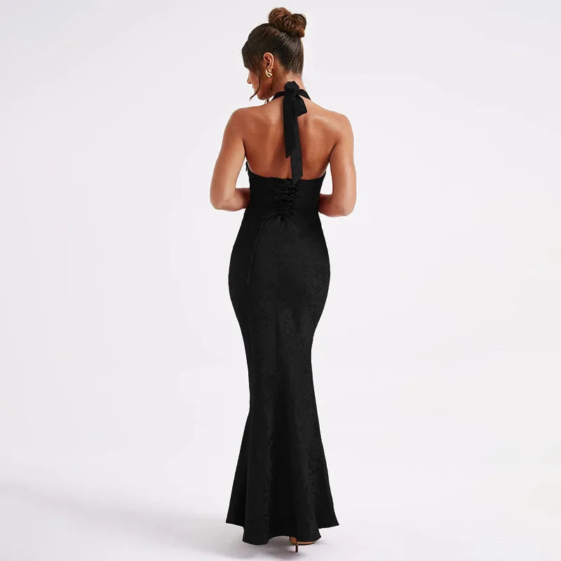 Maxi Dresses- Plunge Mermaid Jacquard Evening Gown- - IndioGear.com