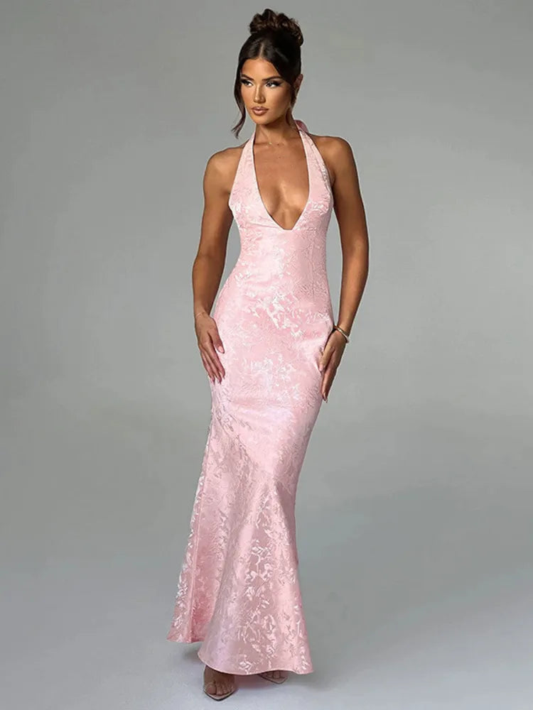 Maxi Dresses- Plunge Mermaid Jacquard Evening Gown- - IndioGear.com