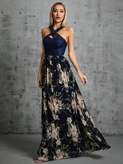 Maxi Dresses - Romantic Navy Floral Maxi Dress for Boho Bridesmaids