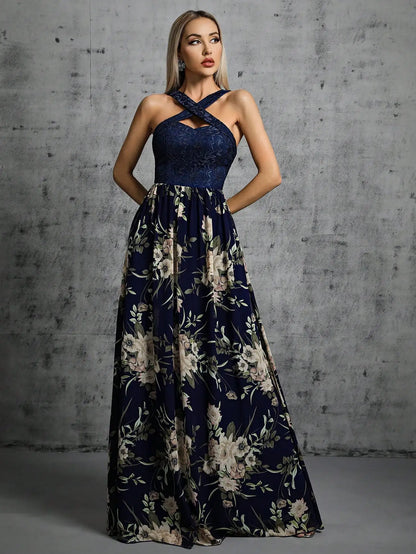 Maxi Dresses - Romantic Navy Floral Maxi Dress for Boho Bridesmaids