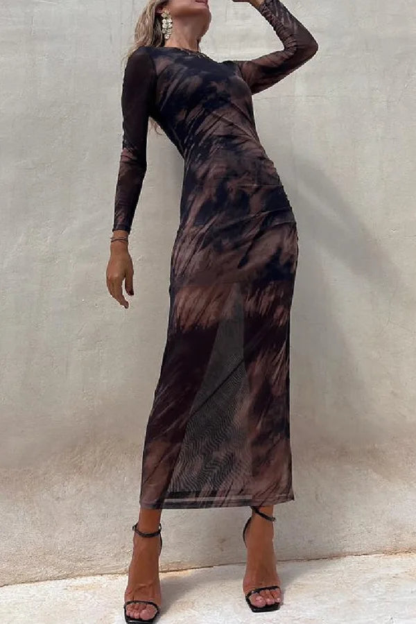 Maxi Dresses- See-through Long-Sleeve Maxi Dress for Upscale Gatherings- - IndioGear Women Clothing