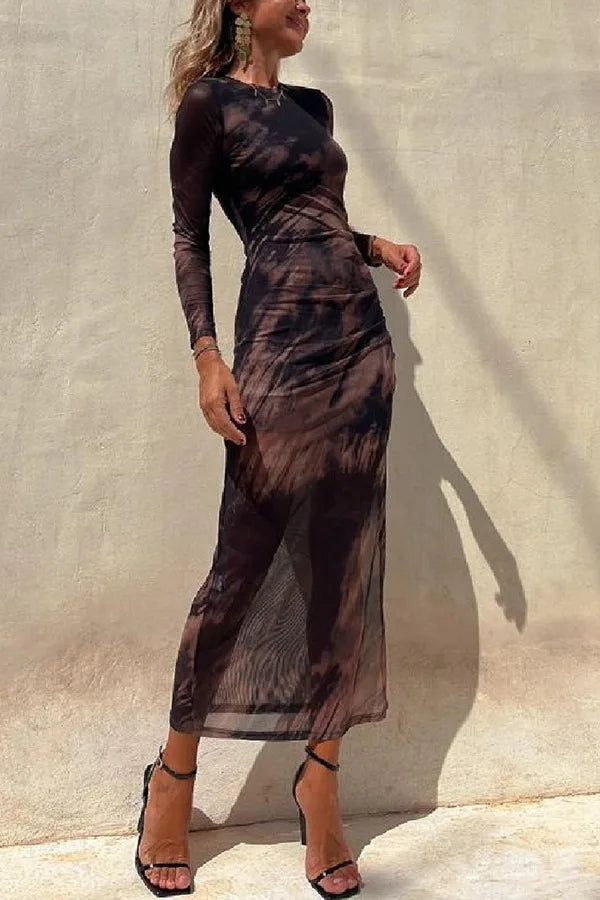 Maxi Dresses- See-through Long-Sleeve Maxi Dress for Upscale Gatherings- Black- IndioGear Women Clothing