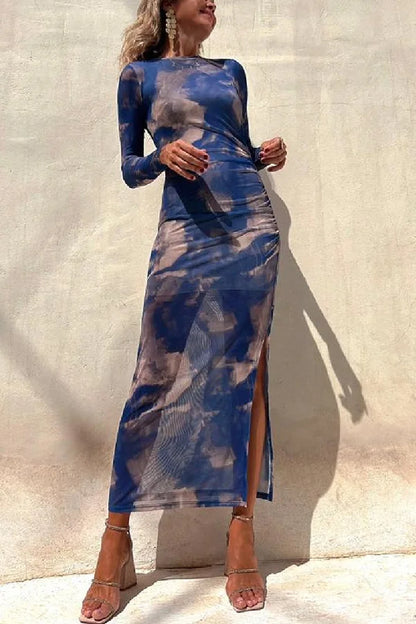 Maxi Dresses- See-through Long-Sleeve Maxi Dress for Upscale Gatherings- Blue- IndioGear Women Clothing