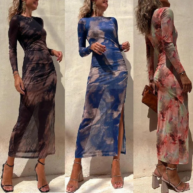 Maxi Dresses- See-through Long-Sleeve Maxi Dress for Upscale Gatherings- - IndioGear Women Clothing