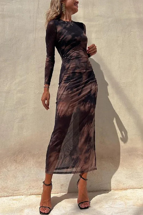 Maxi Dresses- See-through Long-Sleeve Maxi Dress for Upscale Gatherings- - IndioGear Women Clothing