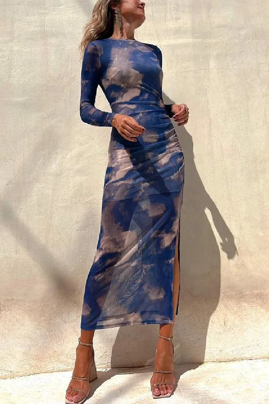 Maxi Dresses- See-through Long-Sleeve Maxi Dress for Upscale Gatherings- - IndioGear Women Clothing