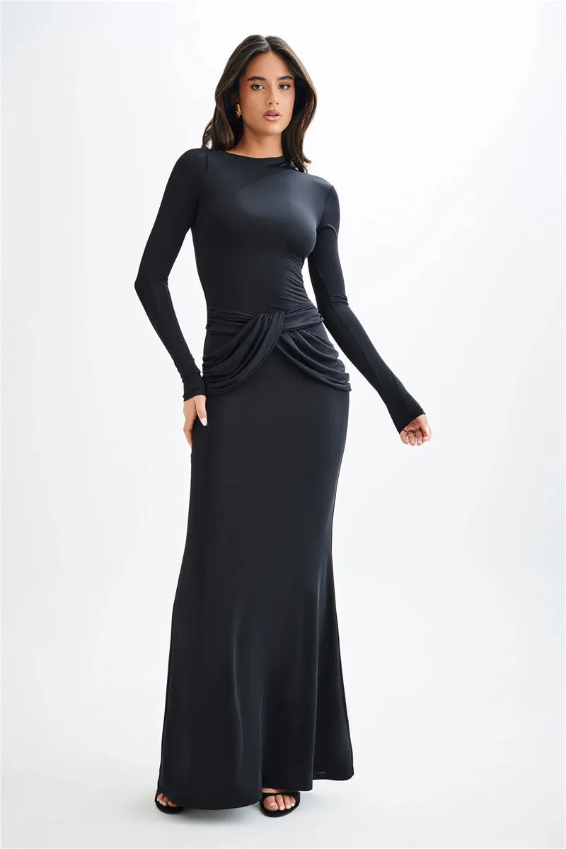 Maxi Dresses- Sleek Diagonal Collar Maxi Dress for Formal Wear- - IndioGear Women Clothing