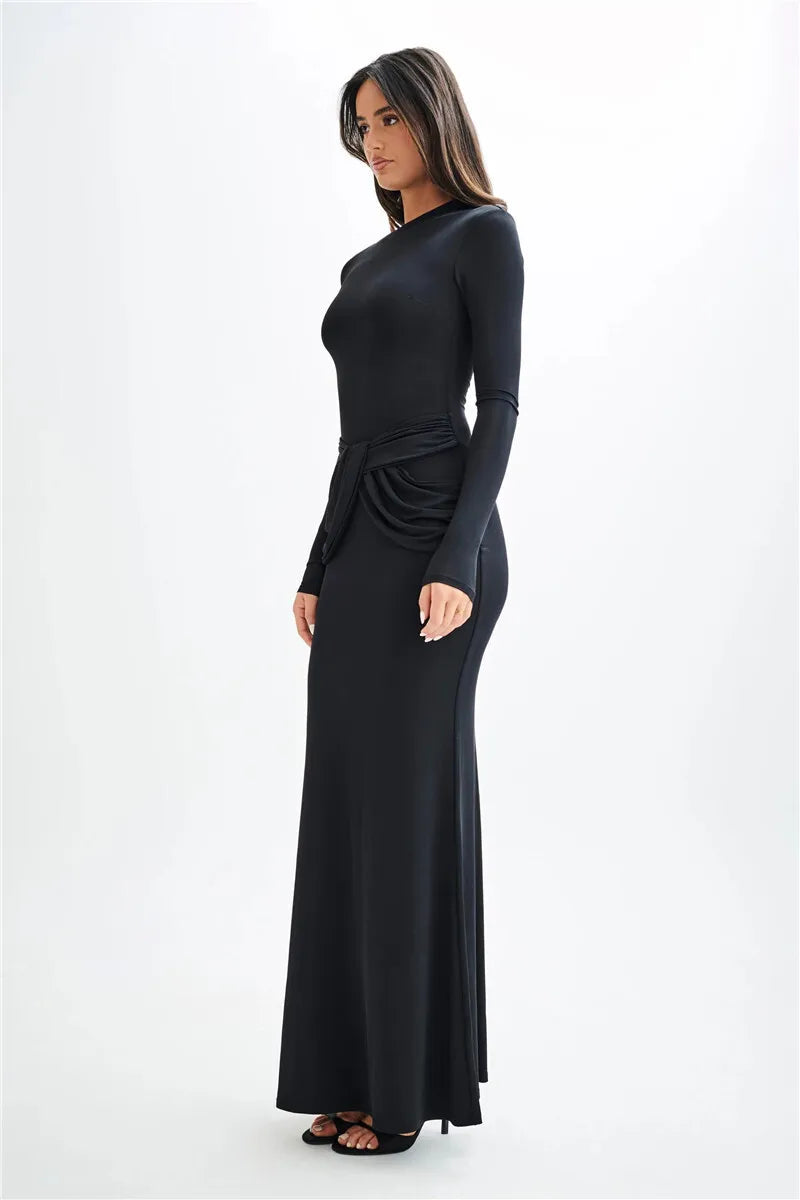 Maxi Dresses- Sleek Diagonal Collar Maxi Dress for Formal Wear- - IndioGear Women Clothing