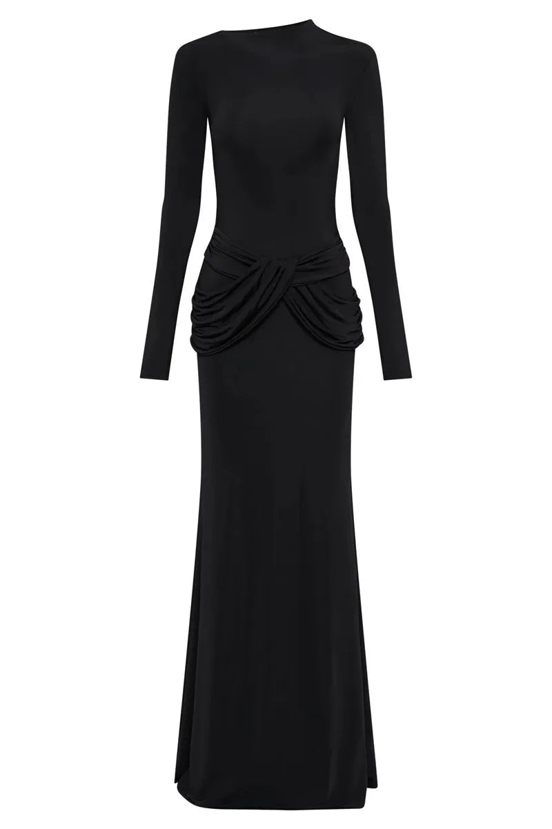 Maxi Dresses- Sleek Diagonal Collar Maxi Dress for Formal Wear- - IndioGear Women Clothing