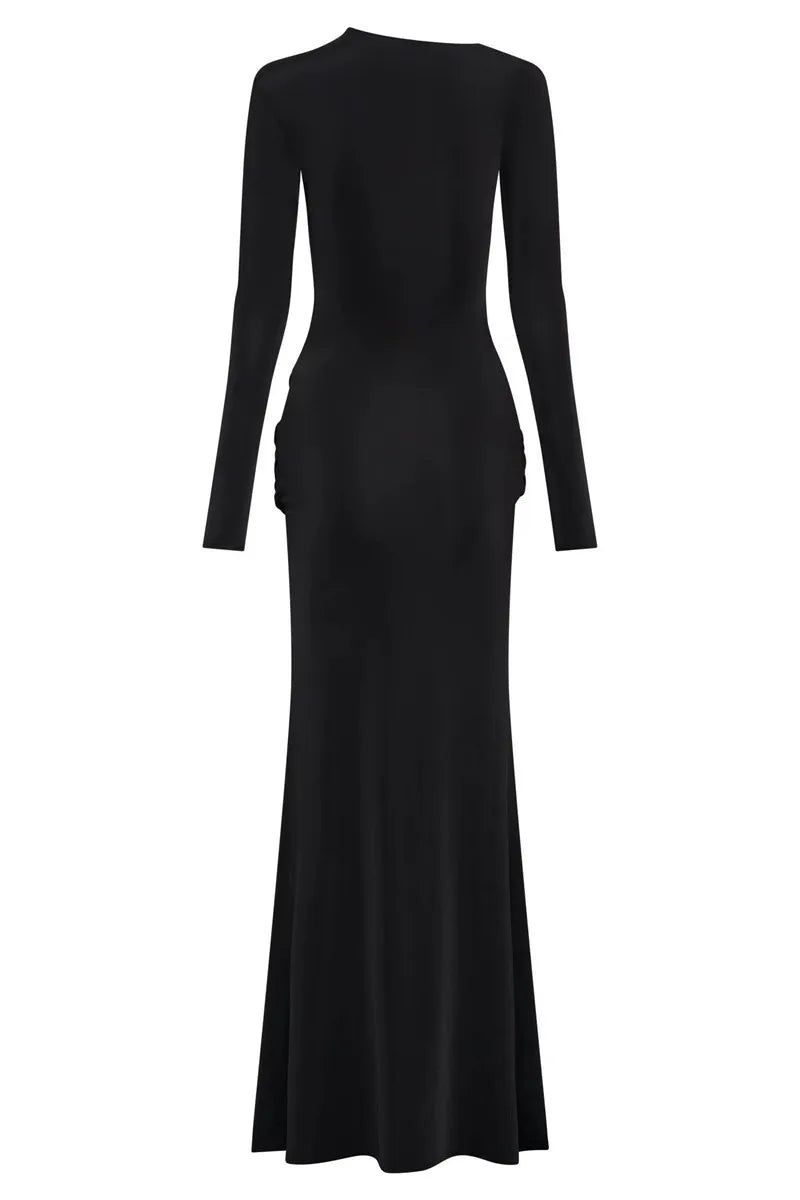 Maxi Dresses- Sleek Diagonal Collar Maxi Dress for Formal Wear- - IndioGear Women Clothing