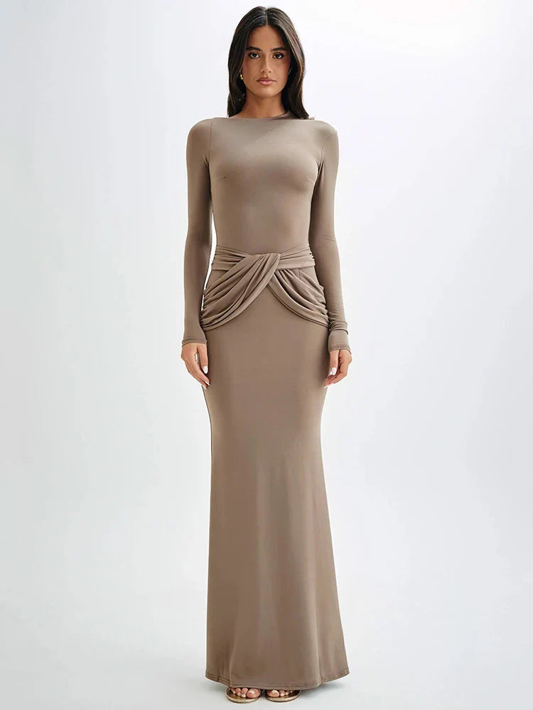 Maxi Dresses- Sleek Diagonal Collar Maxi Dress for Formal Wear- Khaki- IndioGear Women Clothing