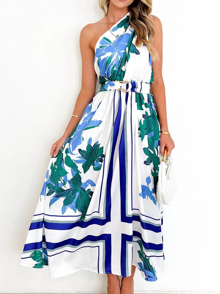 Maxi Dresses- Sleeveless Asymmetric Belted Waist Flowy Maxi Dress- - IndioGear.com