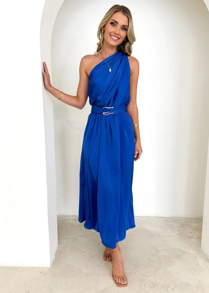 Maxi Dresses- Sleeveless Asymmetric Belted Waist Flowy Maxi Dress- - IndioGear.com