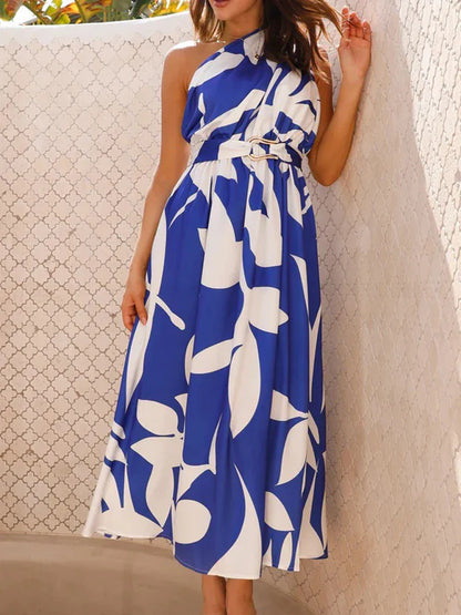 Maxi Dresses- Sleeveless Asymmetric Belted Waist Flowy Maxi Dress- Blue Pattern- IndioGear.com