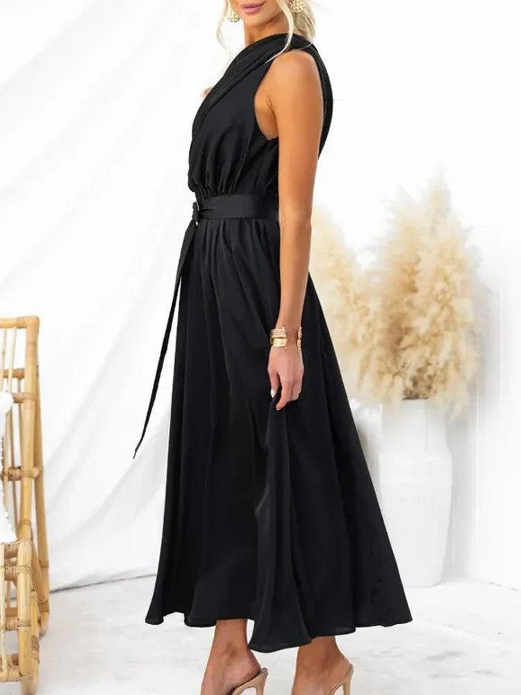 Maxi Dresses- Sleeveless Asymmetric Belted Waist Flowy Maxi Dress- Black- IndioGear.com