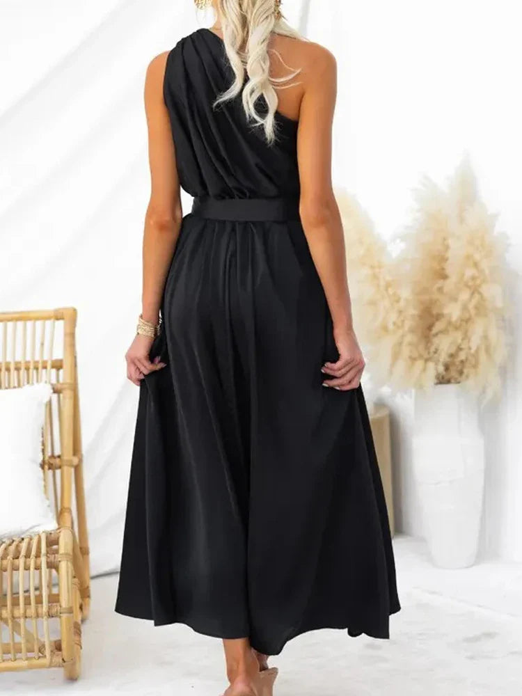 Maxi Dresses- Sleeveless Asymmetric Belted Waist Flowy Maxi Dress- - IndioGear.com